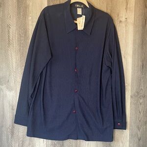 Vintage YMLA Textured Crinkle Blouse XL Navy Red Buttons Made USA NWT